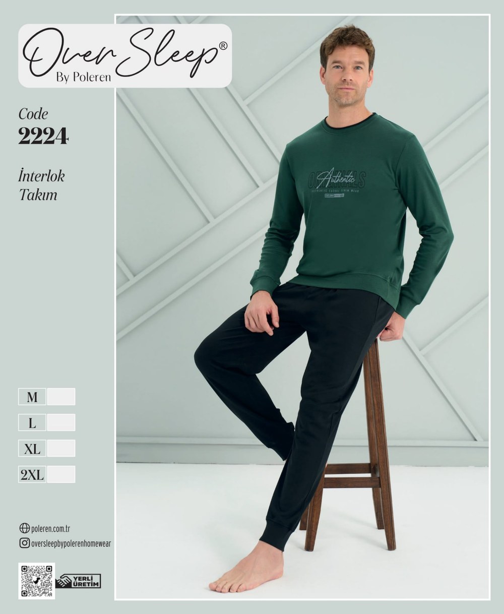 Over Sleep Erkek Koyu Yeşil İnterlok U.Kol Pijama Takım