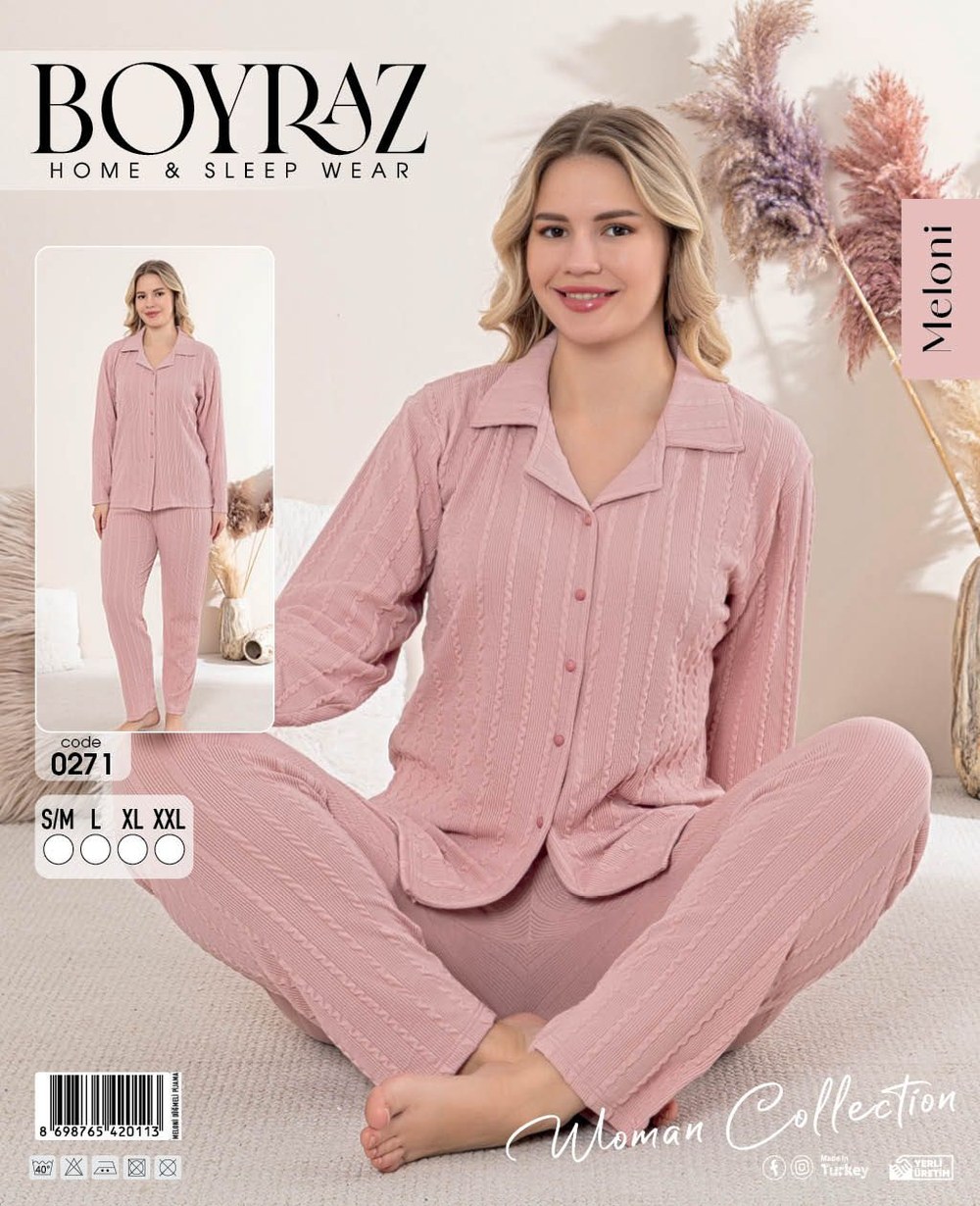 Boyraz 0271 Bayan Meloni Düğmeli Pijama Takımı