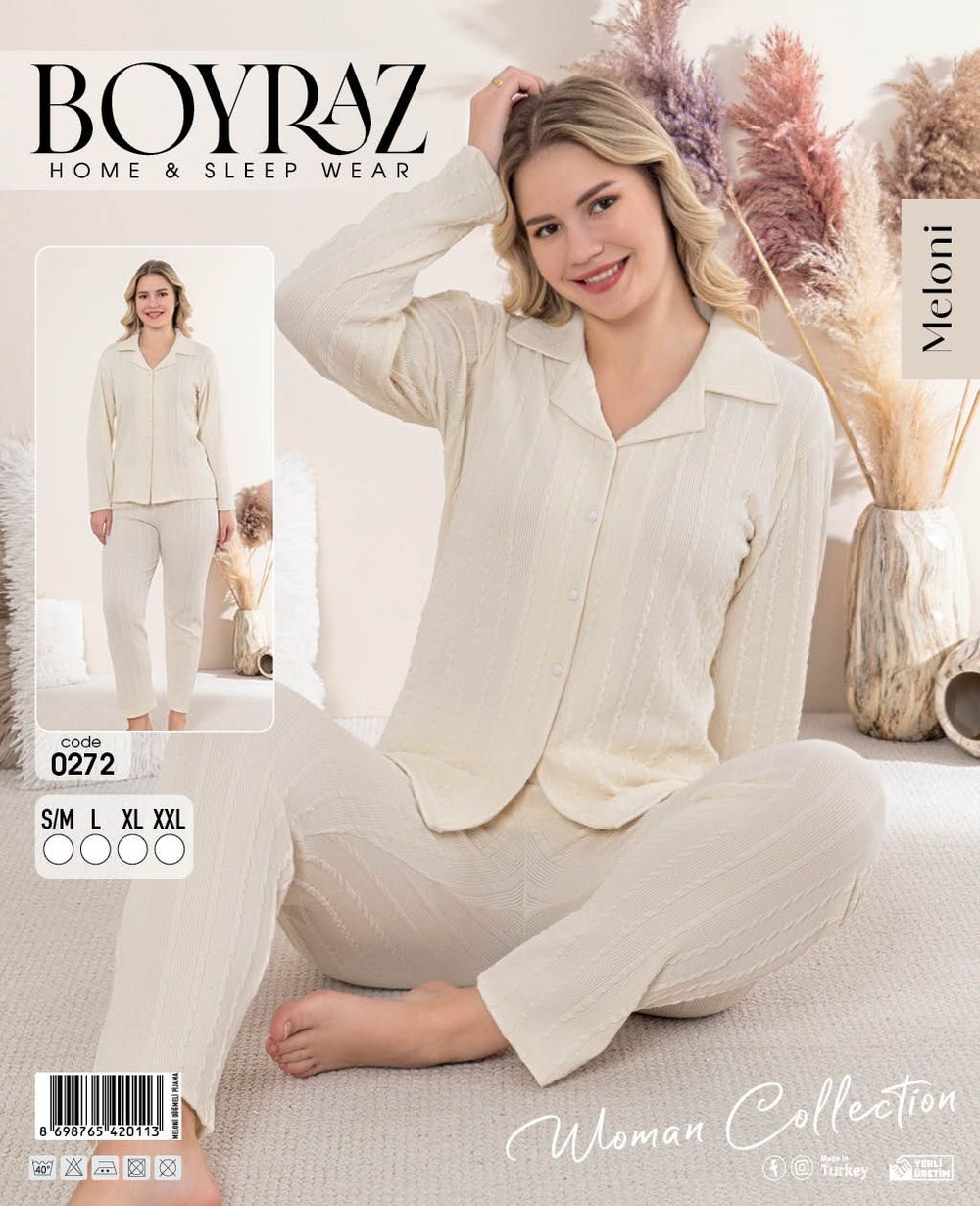 Boyraz 0272 Bayan Meloni Düğmeli Pijama Takımı