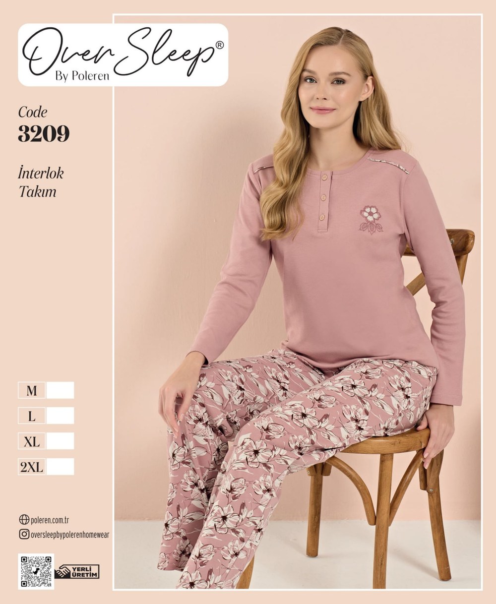 Over Sleep Bayan İnterlok Poleren Gül Kurusu U.Kol Pijama Takım