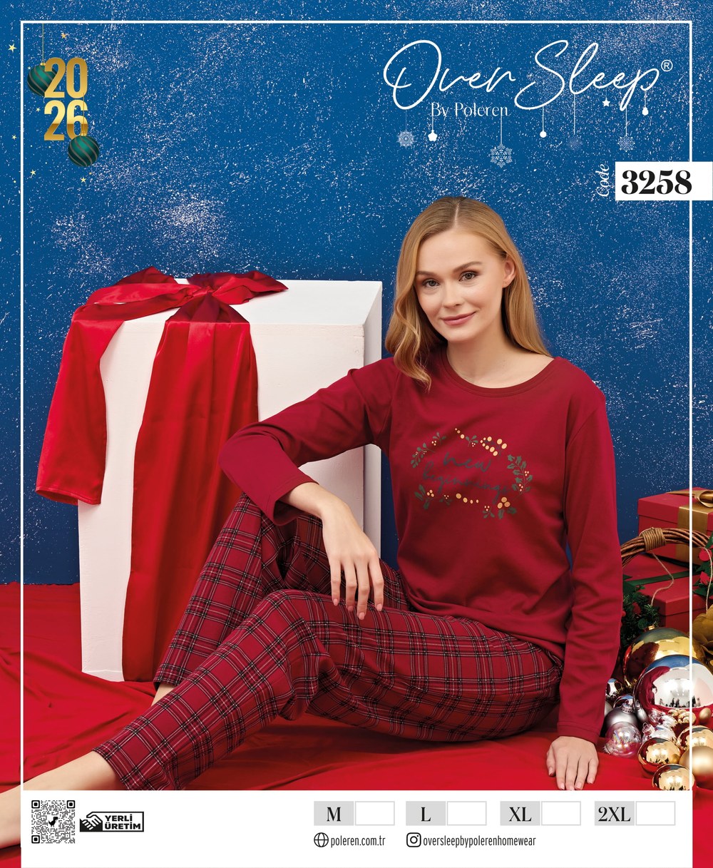 Over Sleep Bayan Yılbaşı Poleren Kırmızı U.Kol Pijama Takım