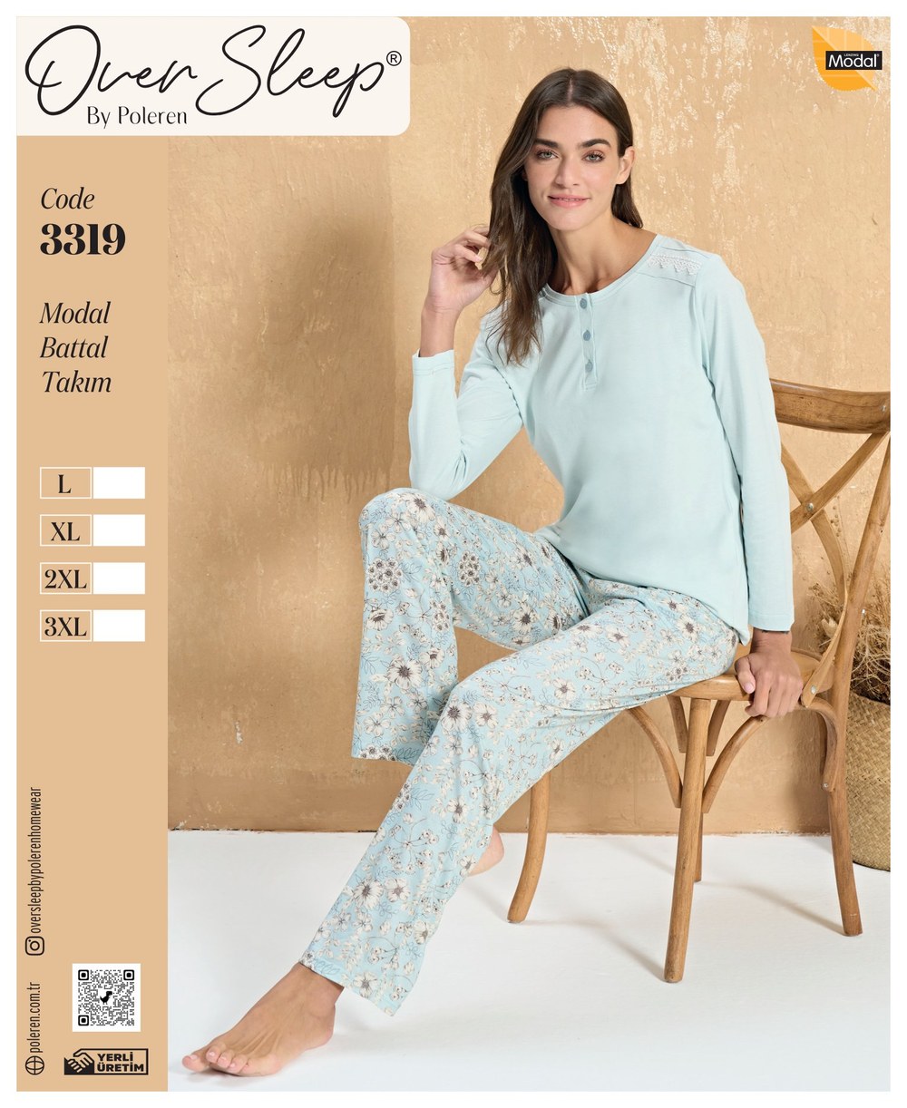 Over Sleep Bayan Poleren Mavi Modal Battal Pijama Takım