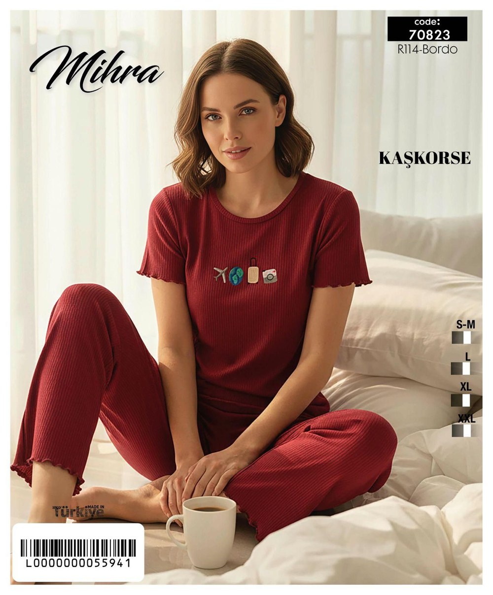 Arcan 70823-R114 Bordo Kaşkorse Nakışlı Basic Pijama Takım