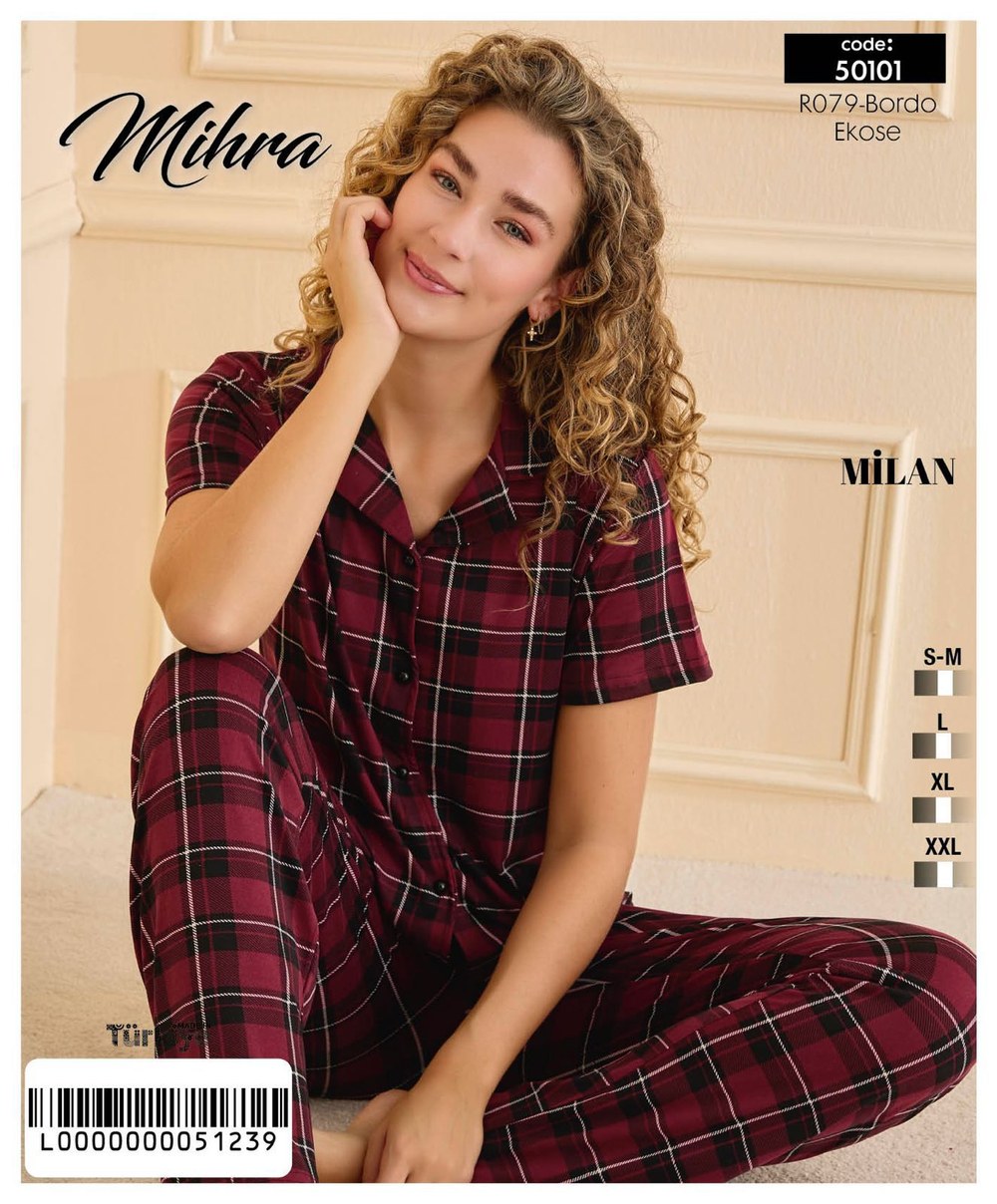 Arcan 50101 Bordo Milan Düğmeli Alt Uzun Desenli Pijama Takım