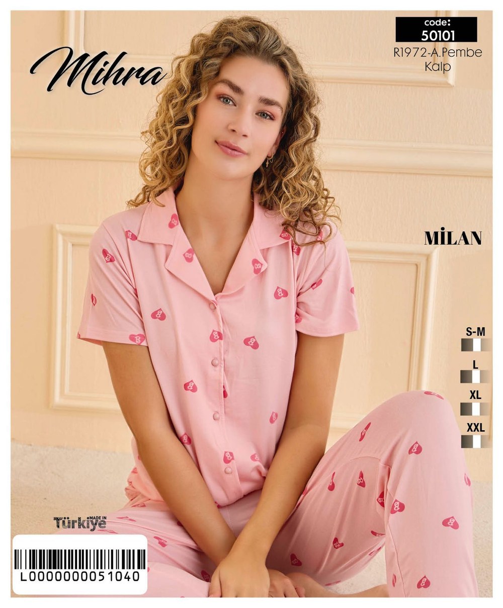 Arcan 50101 Pembe Milan Düğmeli Alt Uzun Desenli Pijama Takım