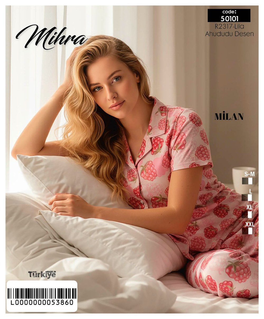 Arcan 50101 Lila Milan Düğmeli Alt Uzun Desenli Pijama Takım