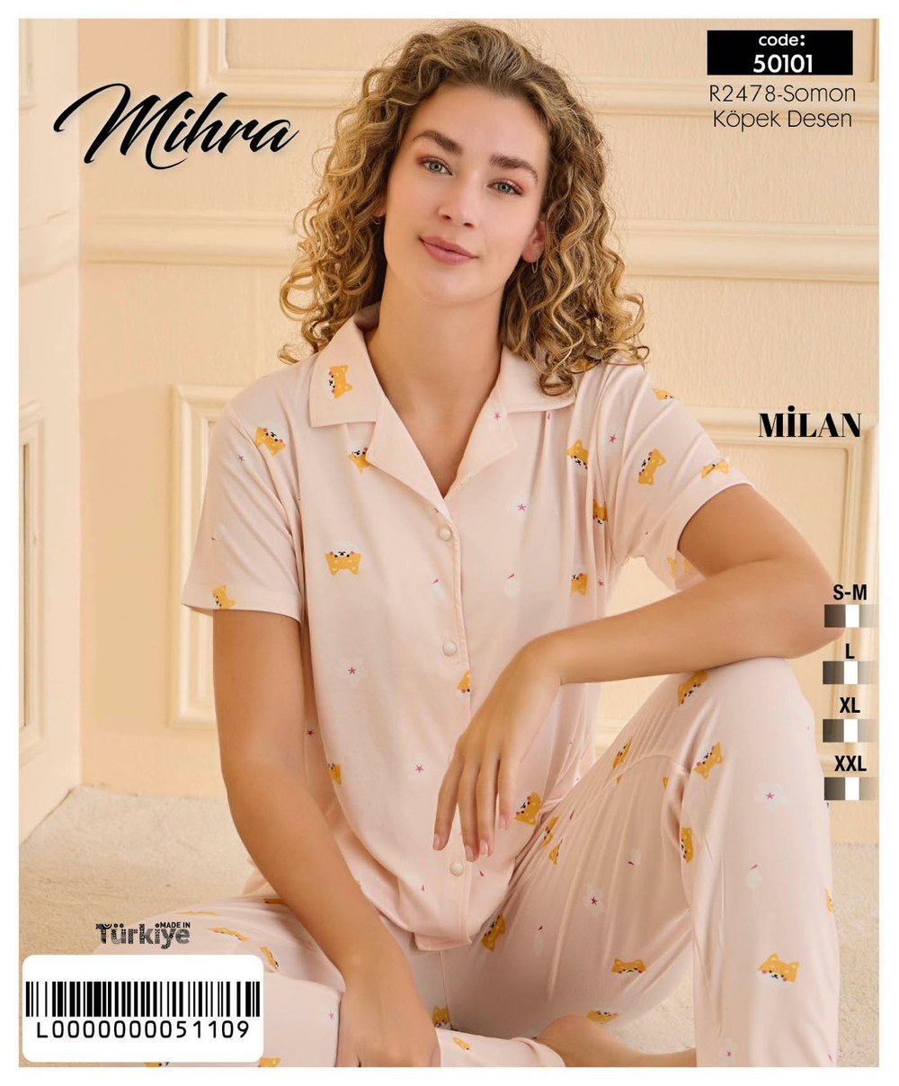 Arcan 50101 Somon Milan Düğmeli Alt Uzun Desenli Pijama Takım