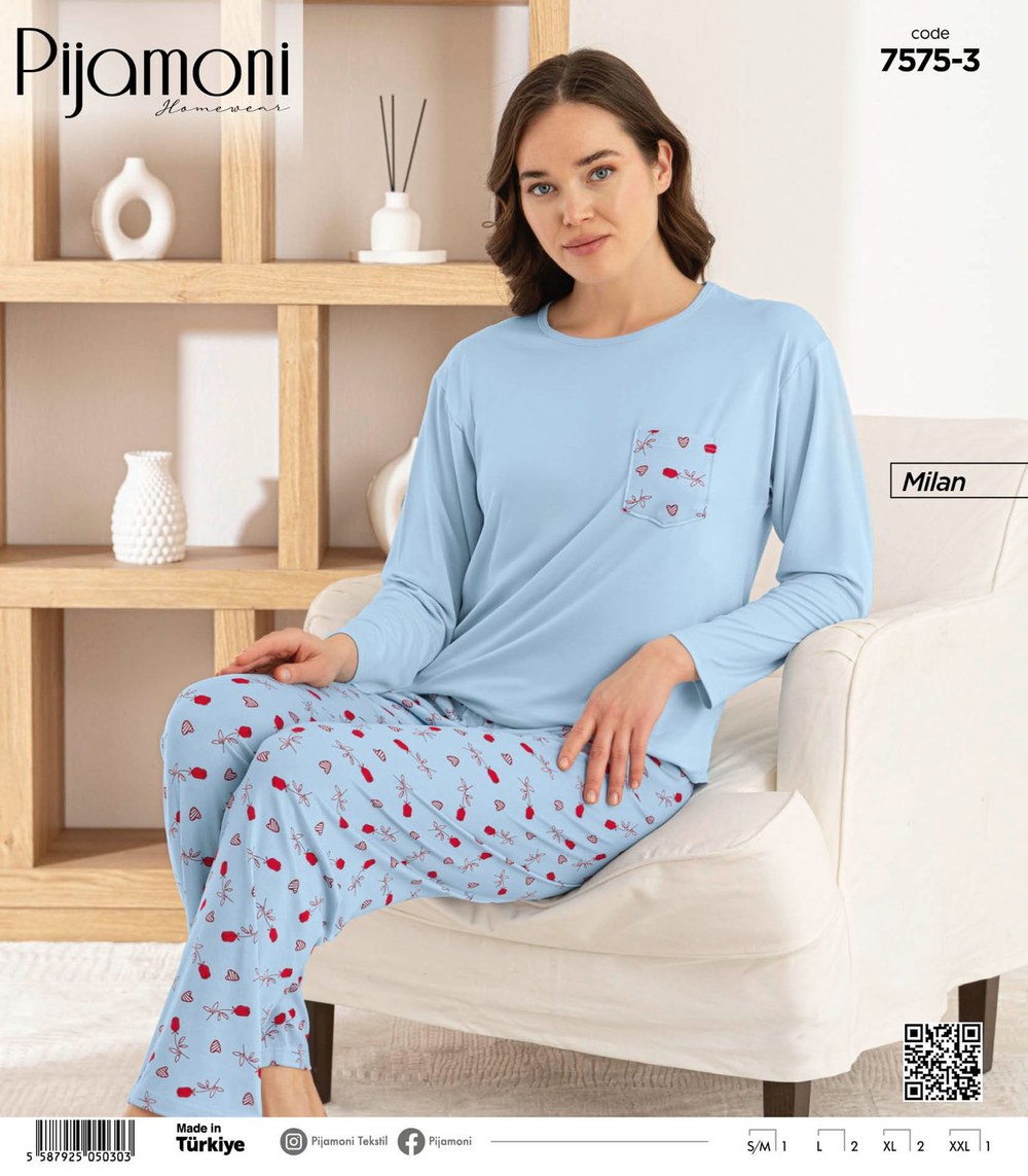 Pıjamoni 7575-3 Bayan Milan U.Kol Alt Uzun Pijama Takım