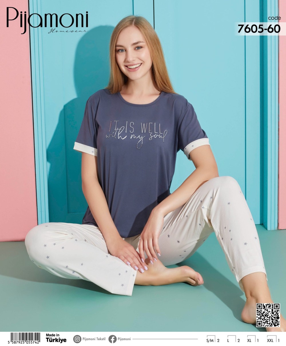 Pıjamoni 7605-60 Bayan Milan Baskılı K.Kol Pijama Takım