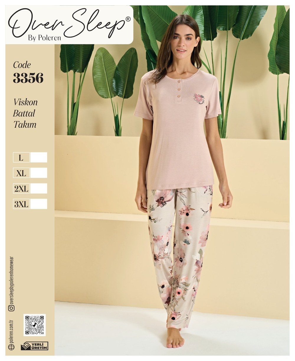 Over Sleep Bayan Poleren Viskon Battal K.Kol Pembe Pijama Takım