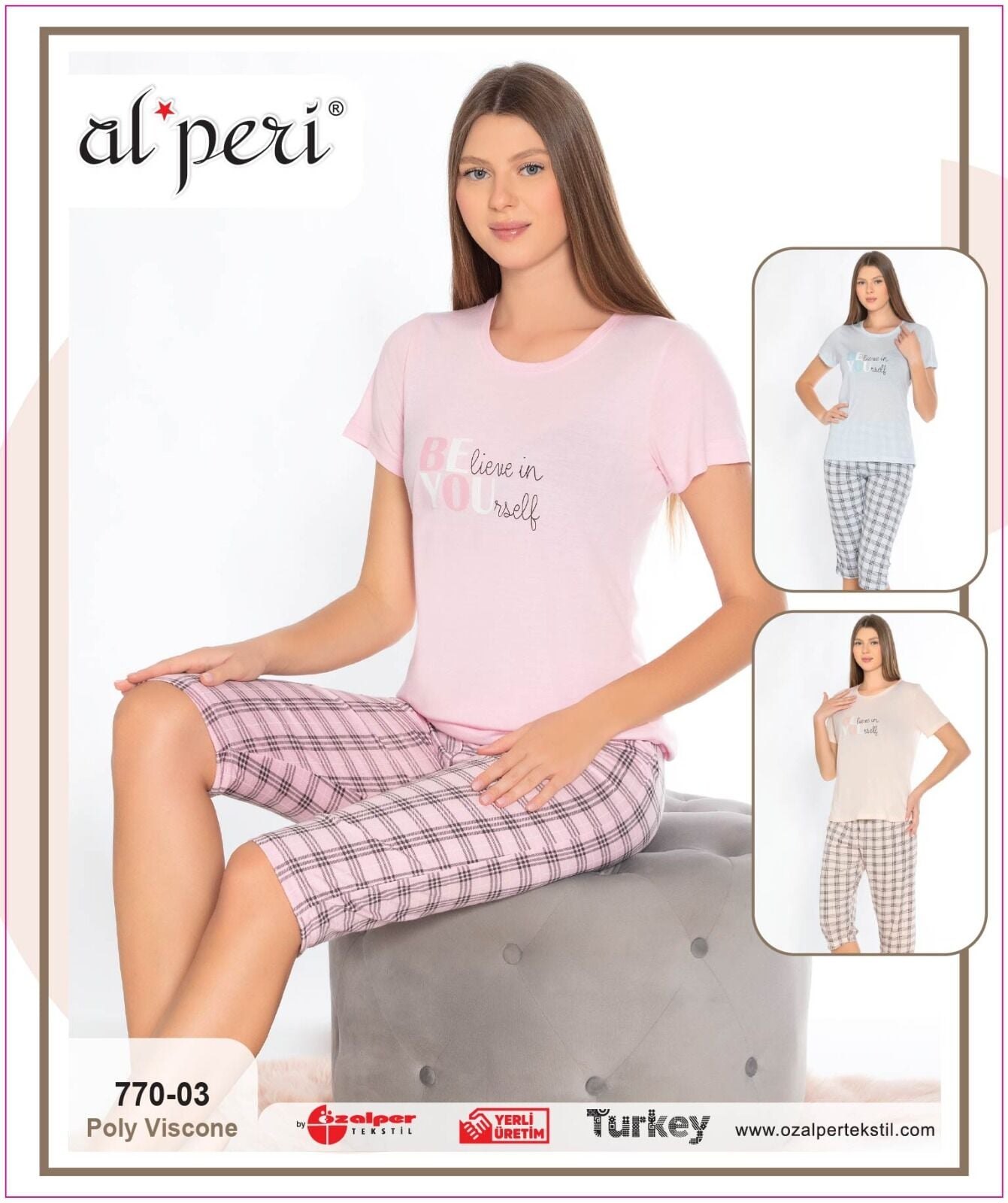 Alperi 770-03 (M-L-XL-XXL) Bayan Viskon Kısa Kollu Kapri Pijama Takım