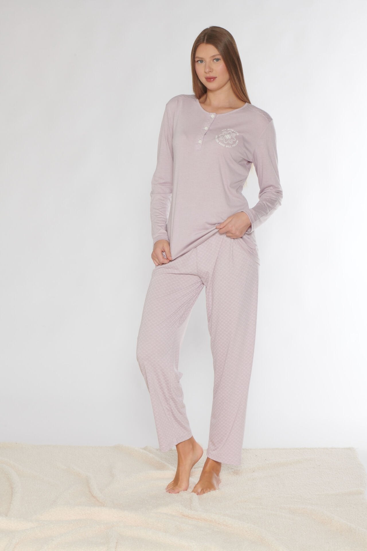 Alperi 790-74 (M-L-XL-XXL) Bayan Viskon Uzun Kollu Pijama Takım
