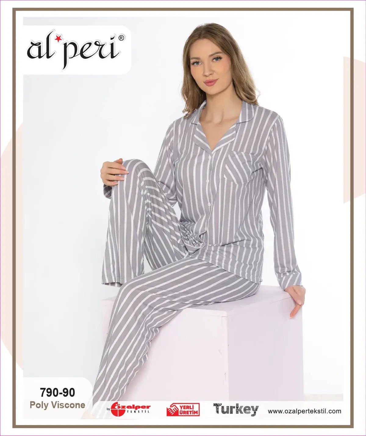 Alperi 790-90 (M-L-XL-XXL) Bayan Viskon Uzun Kollu Pijama Takım