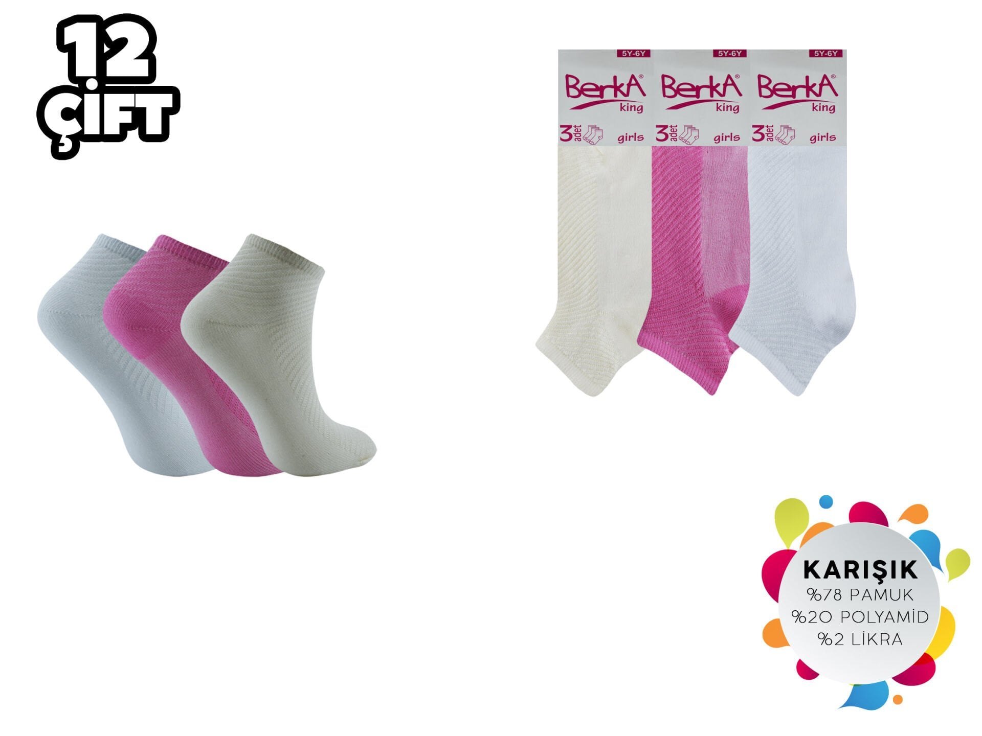 Berka 3-lü Desenli Pamuklu Kız Çocuk Patik
