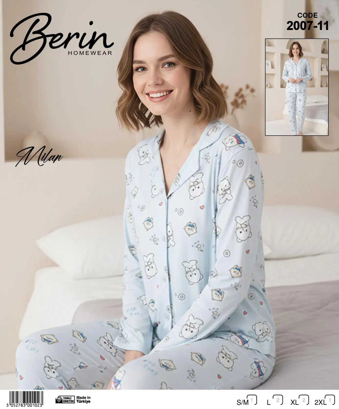 Berin 2007-11 (M-L-XL-XXL) Bayan Uzun Kollu Milan Pijama Takımı