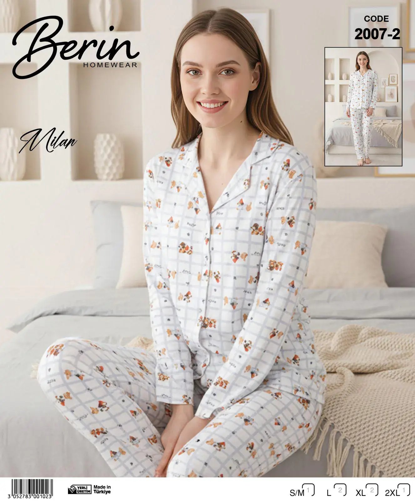 Berin 2007-2 (M-L-XL-XXL) Bayan Uzun Kollu Milan Pijama Takımı