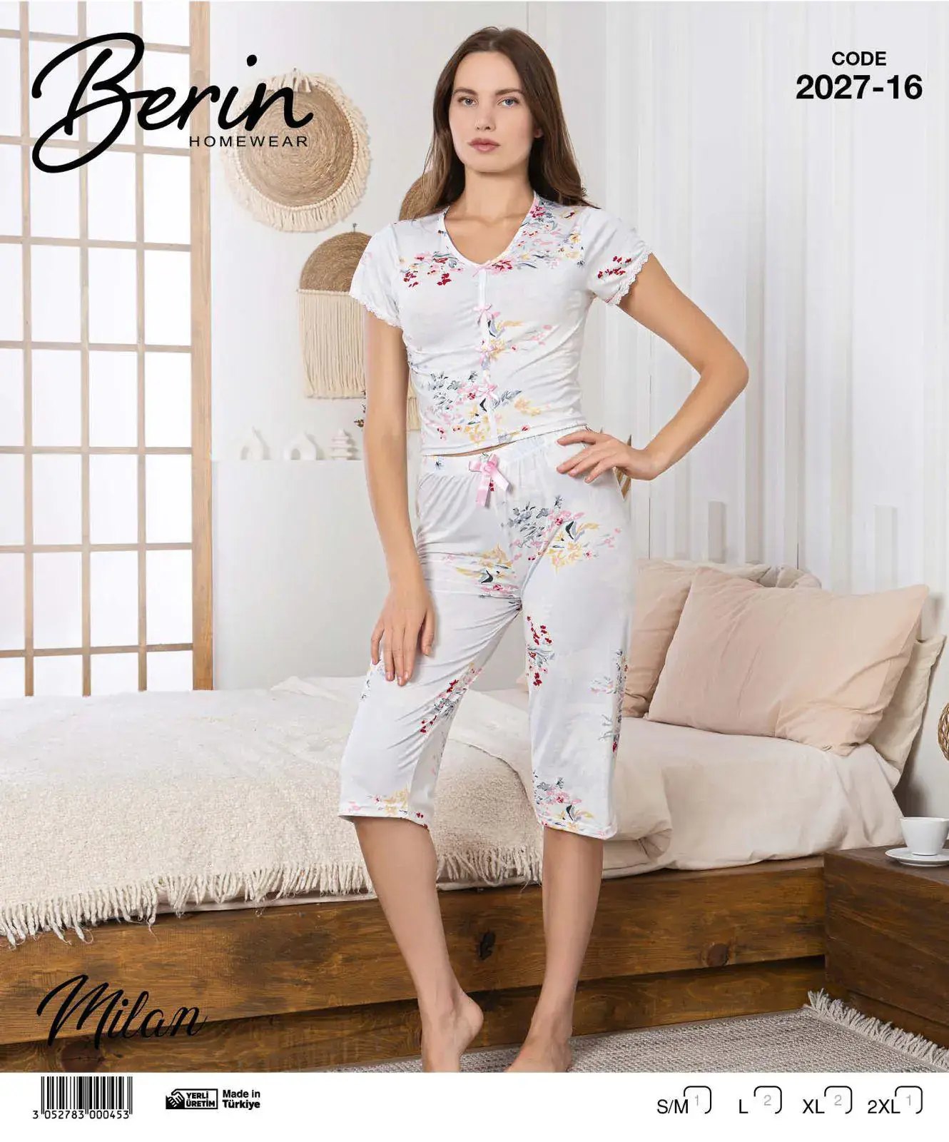 Berin 2027-16 (M-L-XL-XXL) Bayan Krop Kısa Kollu Milan Kapri Pijama Takımı