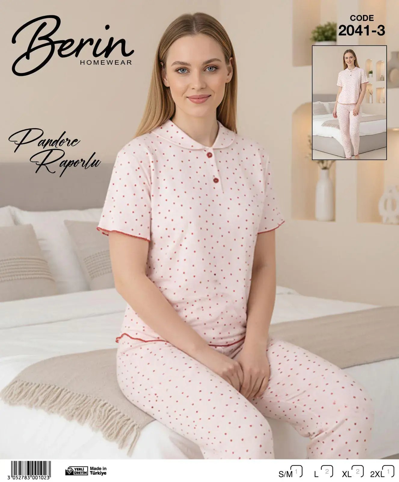 Berin 2041-3 (M-L-XL-XXL) Bayan Kısa Kollu Raporlu Pijama Takımı