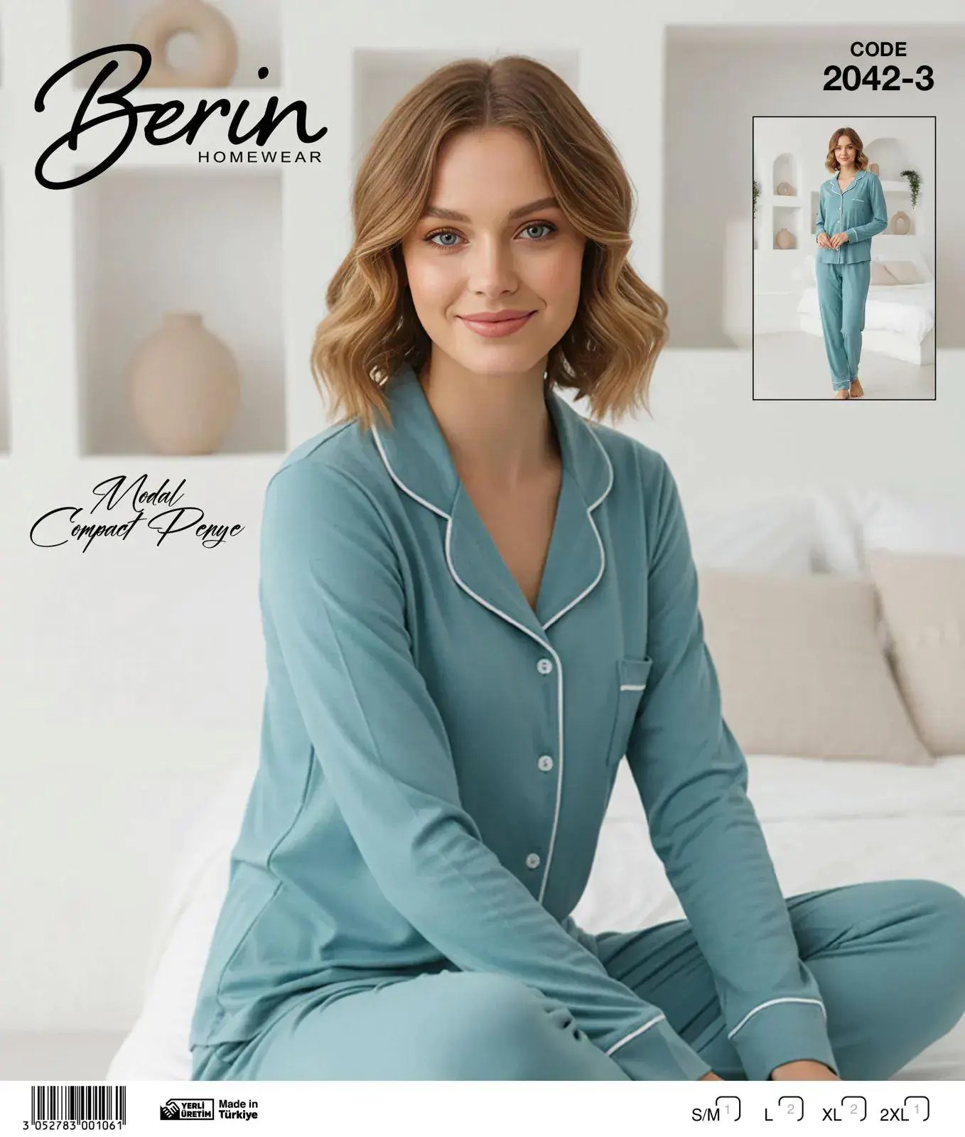 Berin 2042-3 (M-L-XL-XXL) Bayan Uzun Kollu Kompak Pijama Takımı