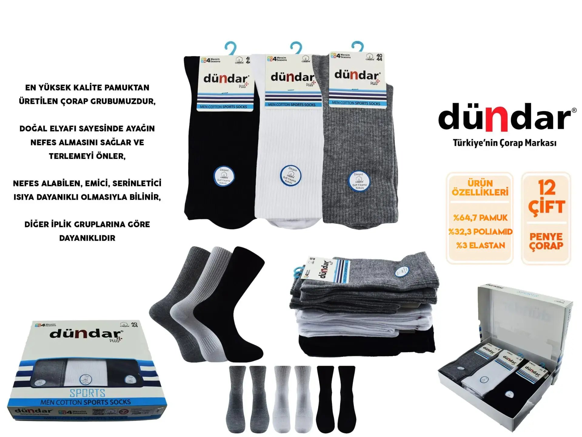 Dündar 4230 (40-44) Dikişsiz Yıkamalı Koku Önleyici Erkek Cotton Sports Çorap
