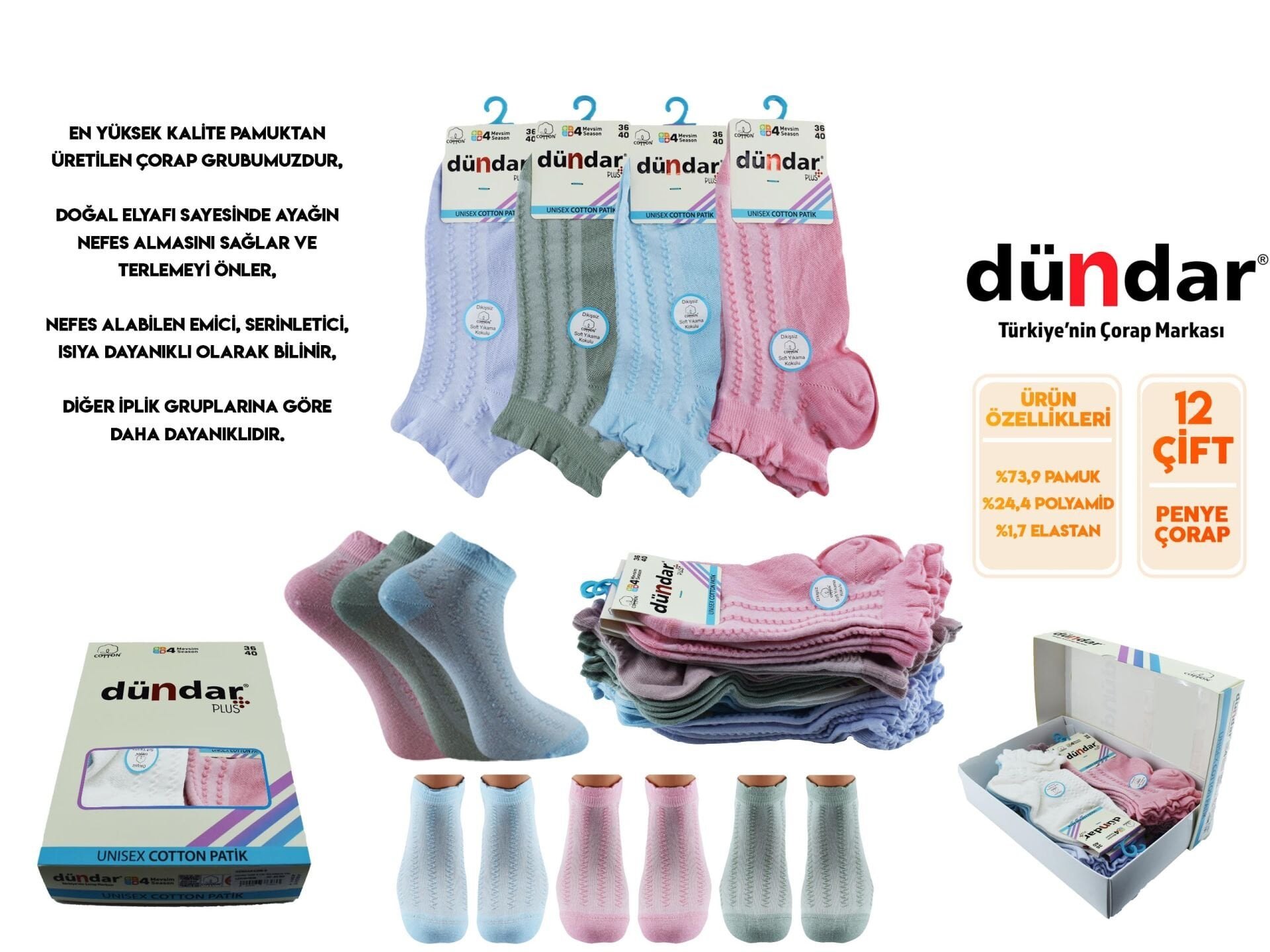Dündar 4308-15 (36-40) Dikişsiz Yıkamalı Kokulu Bayan Penye Patik Çorap