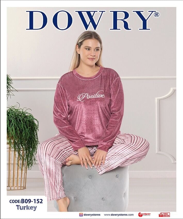 Dowry B09-152 (2XL-3XL-4XL-5XL) Uzun Kollu Bayan Kadife Pijama Takımı