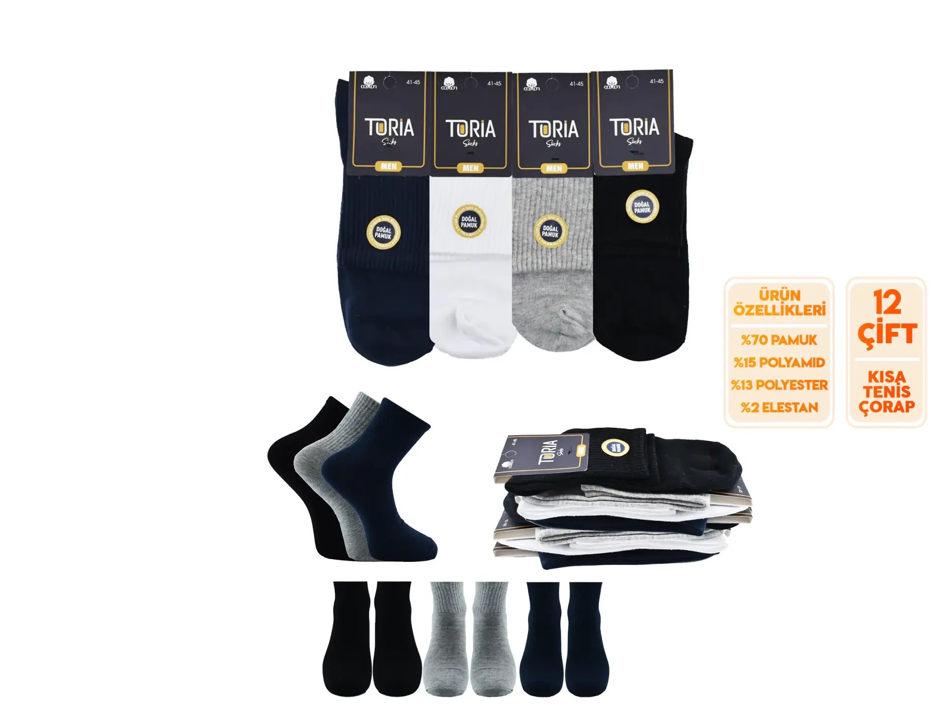 Toria E12 (41-45) Doğal Pamuk Erkek Kısa Tenis Çorap