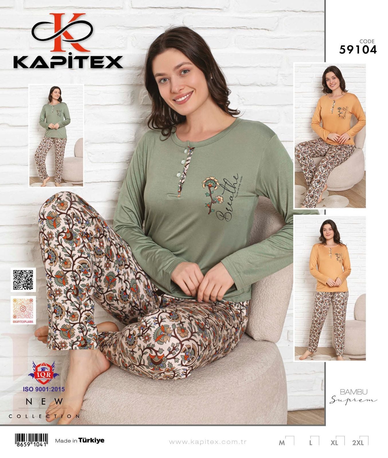 Kapitex 59104 Bambu Ring Viskon Bayan Uzun Kol Pijama Takım