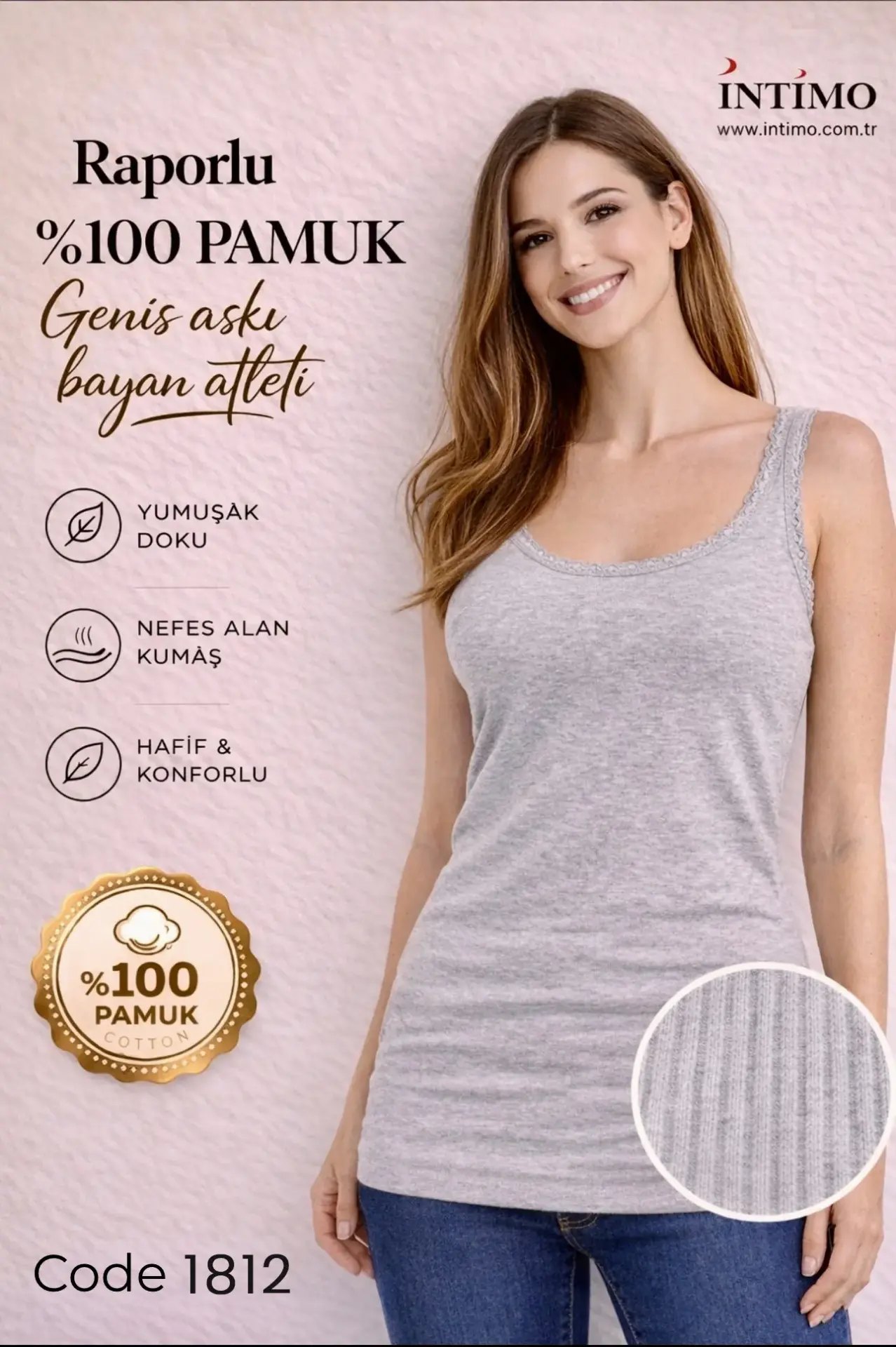 İntimo 1812 (S-M-L-XL) Bayan Raporlu İnce Dantel Geniş Askılı Atlet