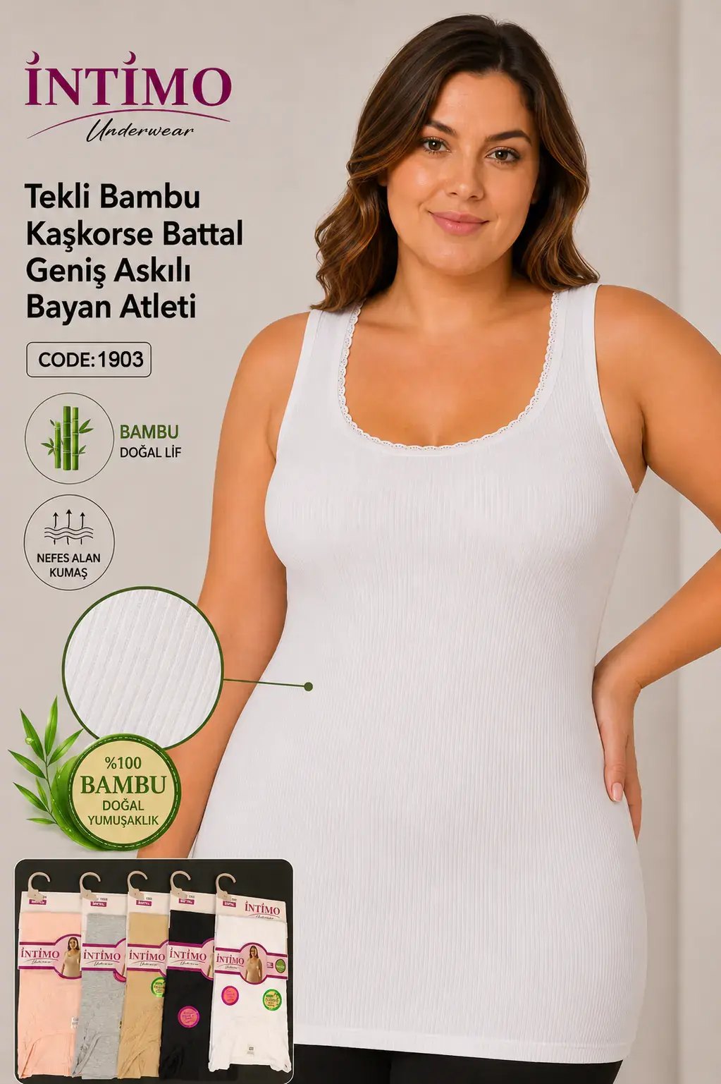 İntimo 1903 Battal Beden Bambu Kaşkorse Bayan Geniş Askılı Atlet