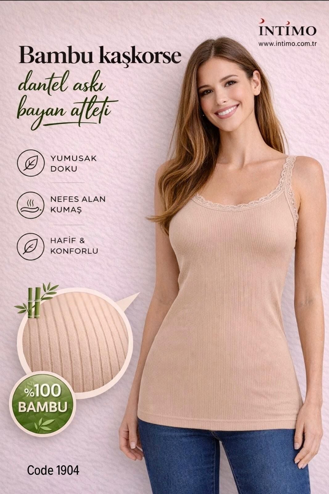 İntimo 1904 (S-M-L-XL) Bambu Kaşkorse Askı Dantelli İp Askılı Bayan Atlet