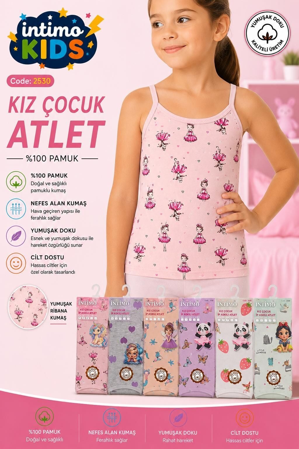 İntimo 2530 İp Askılı Desenli Kız Çocuk Atlet