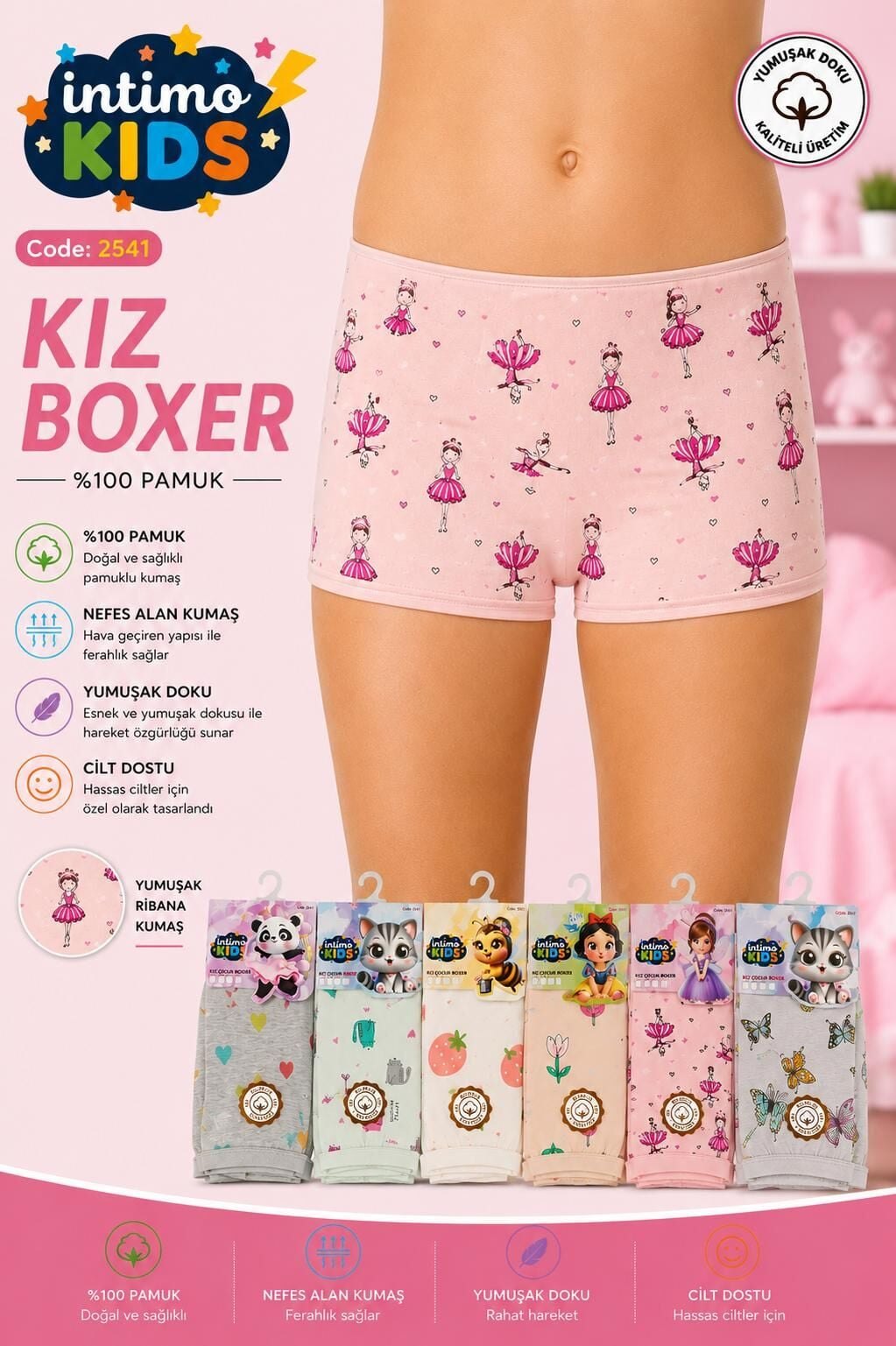 İntimo 2541 Desenli Kız Çocuk Boxer