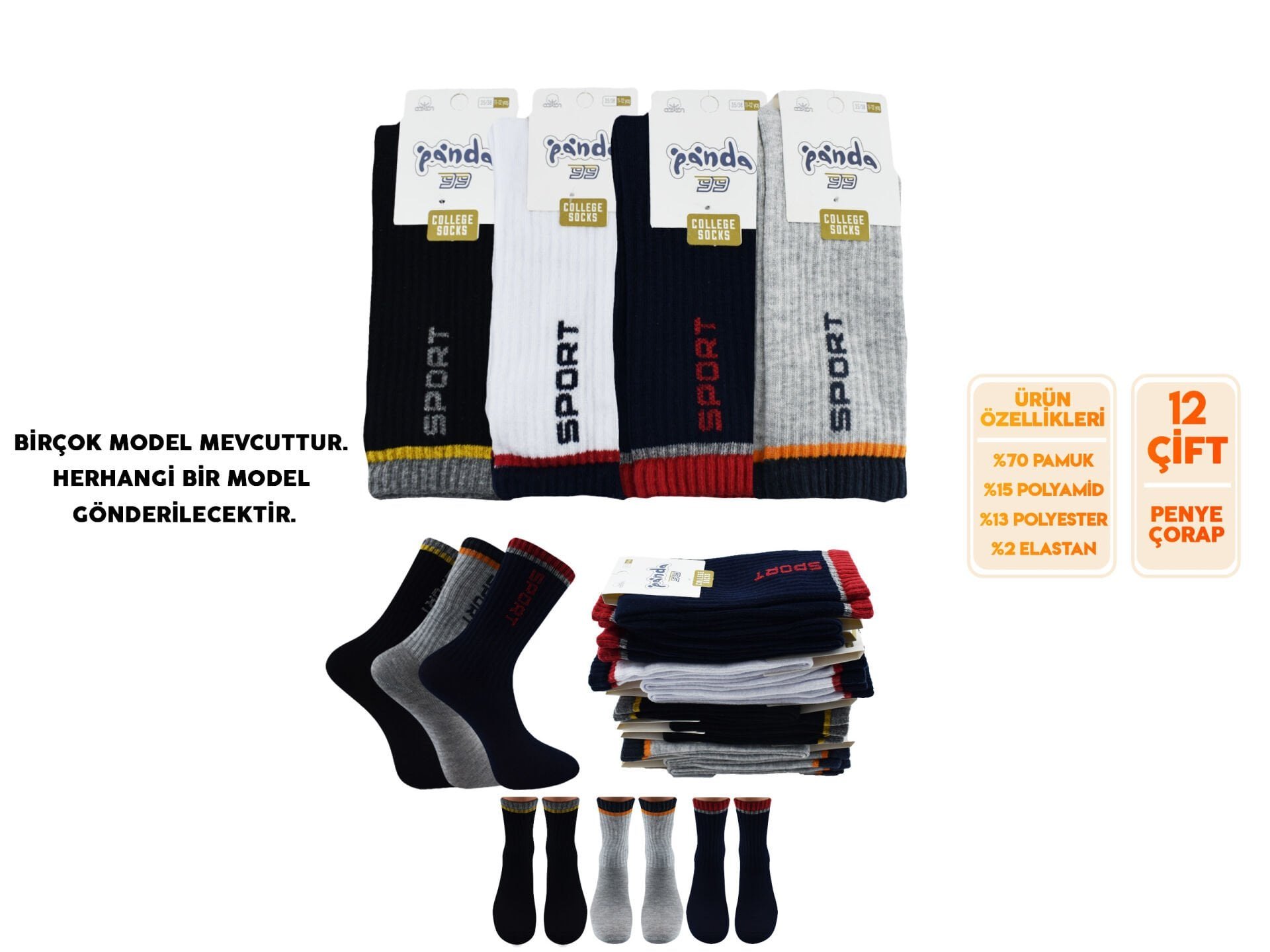 Panda 11 (3-12 Yaş) Yıkamalı Kız Erkek Çocuk Kolej Soket Çorap