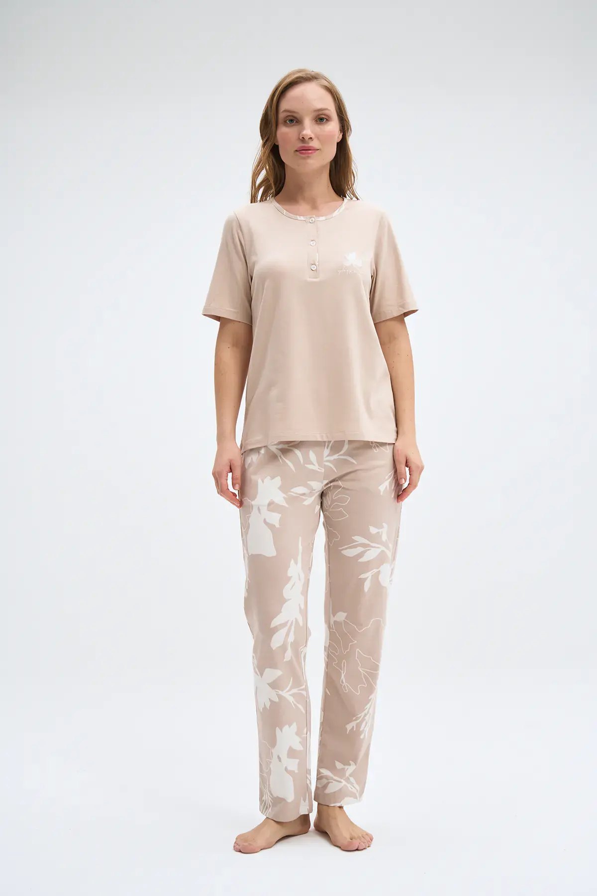 Pijadore 2087 (M-L-XL-XXL) Kısa Kollu Üç Düğmeli Bayan Pijama Takım