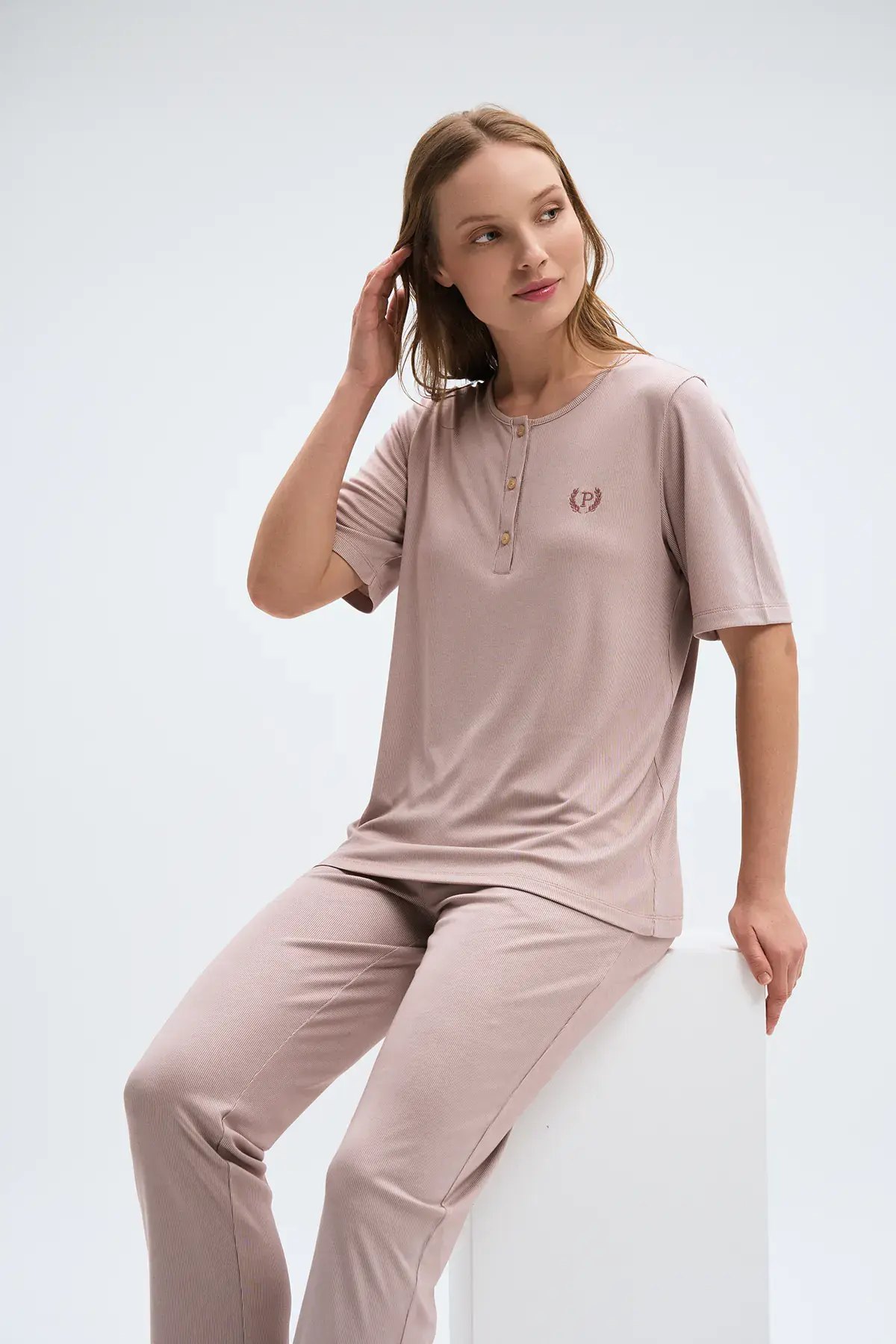 Pijadore 2088 (M-L-XL-XXL) Kısa Kollu Üç Düğmeli Bayan Pijama Takım