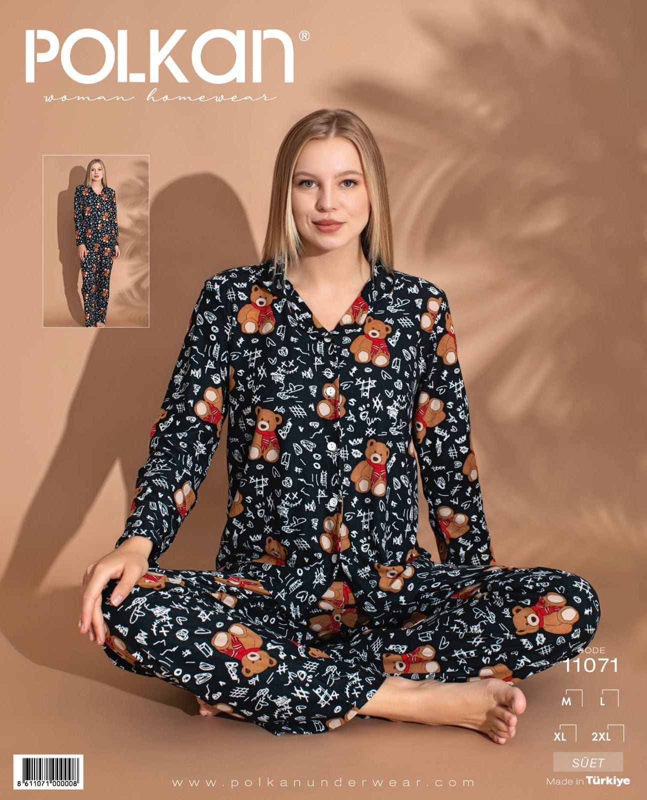 Polkan 11071 Bayan Uzun Kollu Süet Pijama Takım