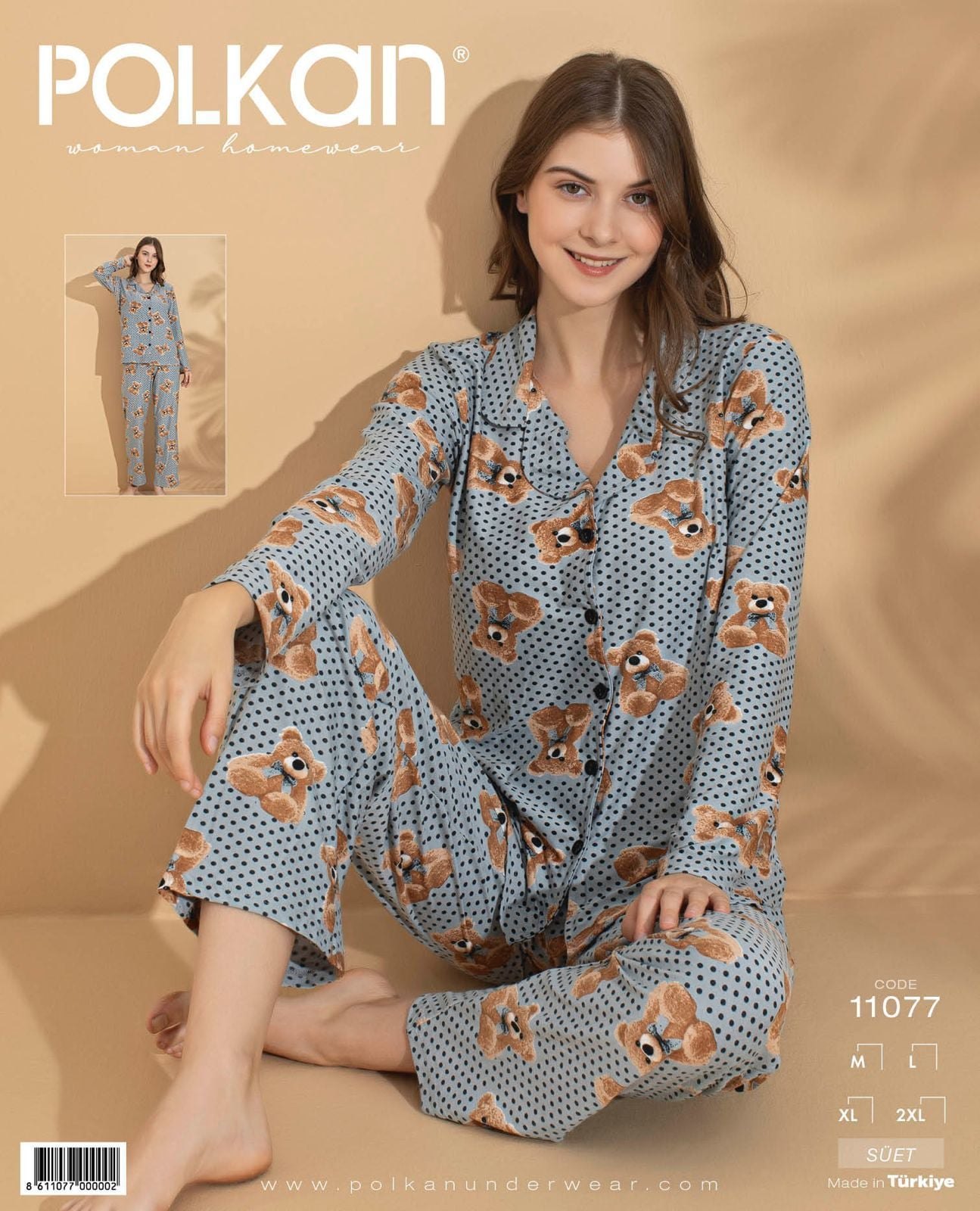 Polkan 11077 Bayan Uzun Kollu Süet Pijama Takım