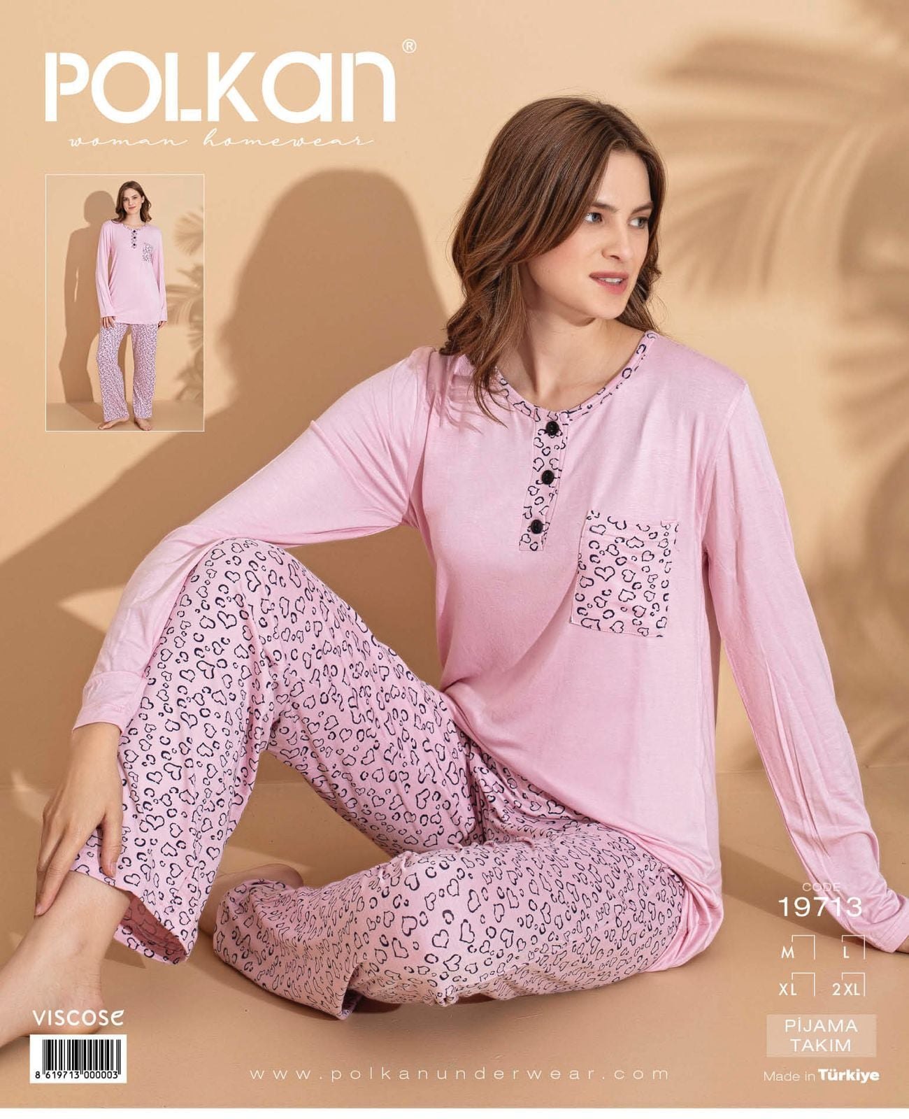 Polkan 19713 (M-L-XL-XXL) Viskon Uzun Kollu Bayan Pijama Takım