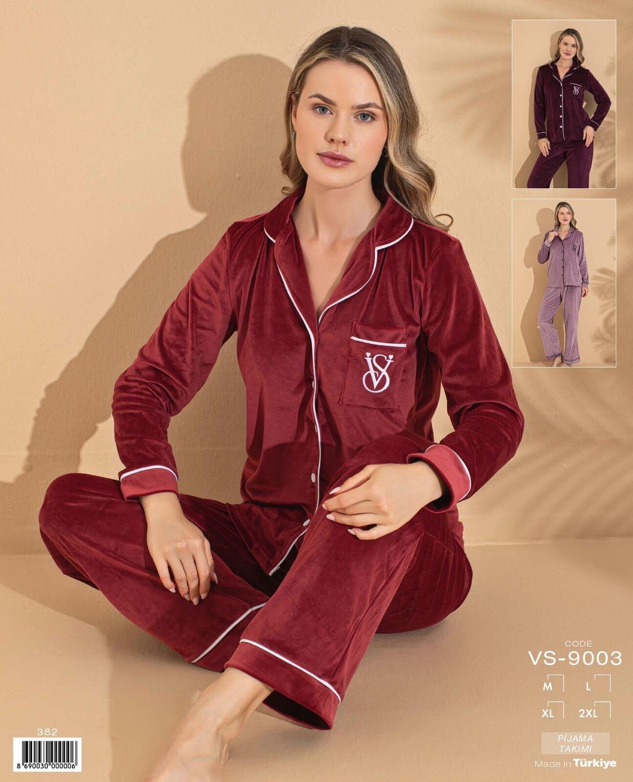 Polkan 9003 (M-L-XL-XXL) Kadife Uzun Kollu Boydan Düğmeli Bayan Pijama Takım