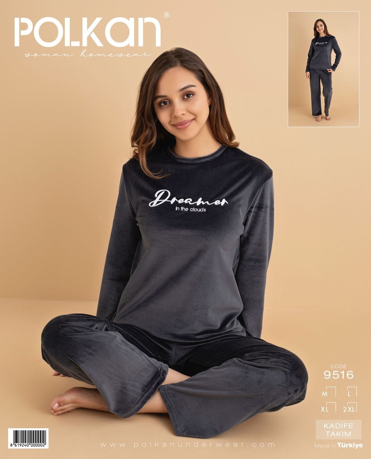 Polkan 9516 (M-L-XL-XXL) Kadife Uzun Kollu Bayan Pijama Takım