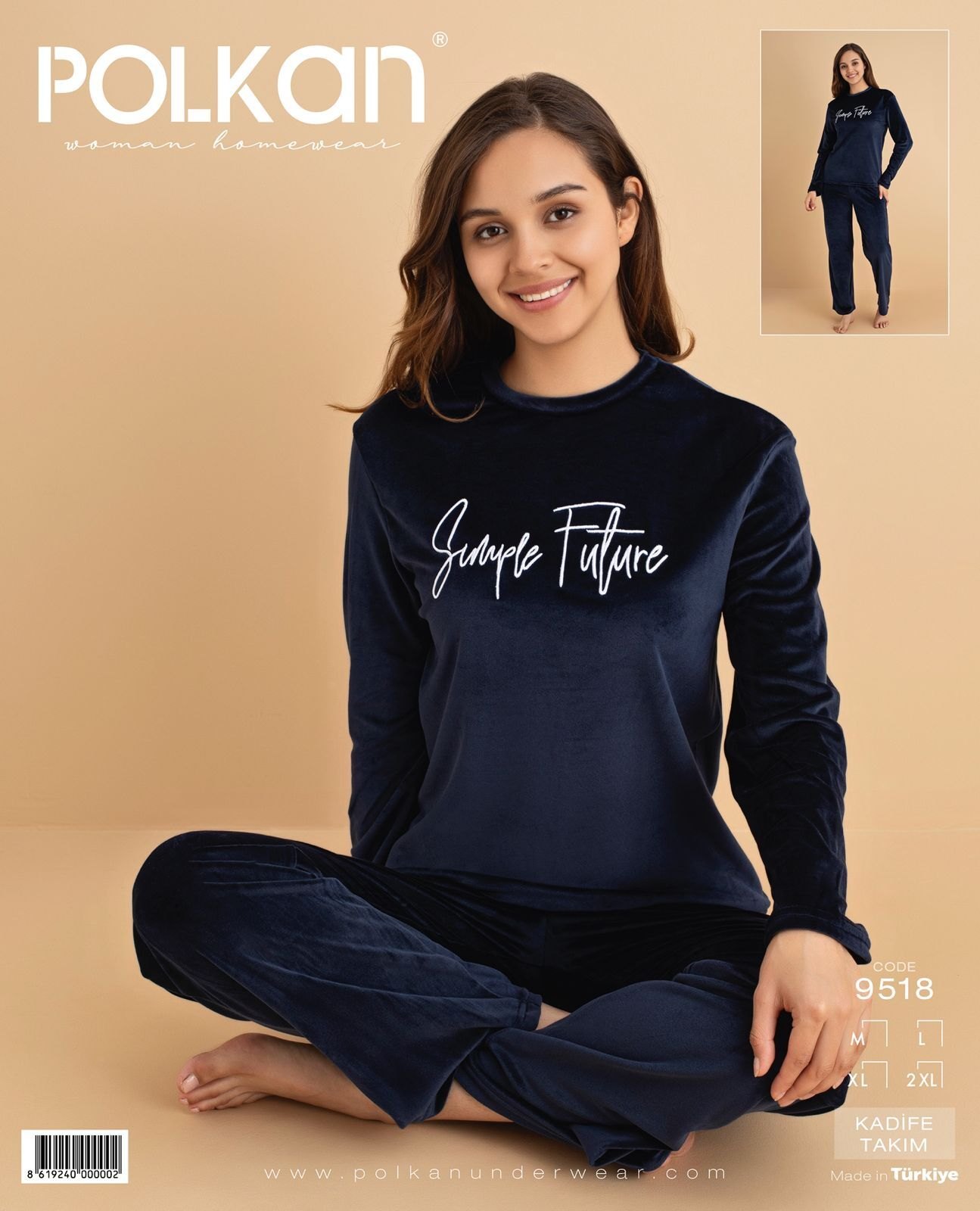 Polkan 9518 (M-L-XL-XXL) Kadife Uzun Kollu Bayan Pijama Takım