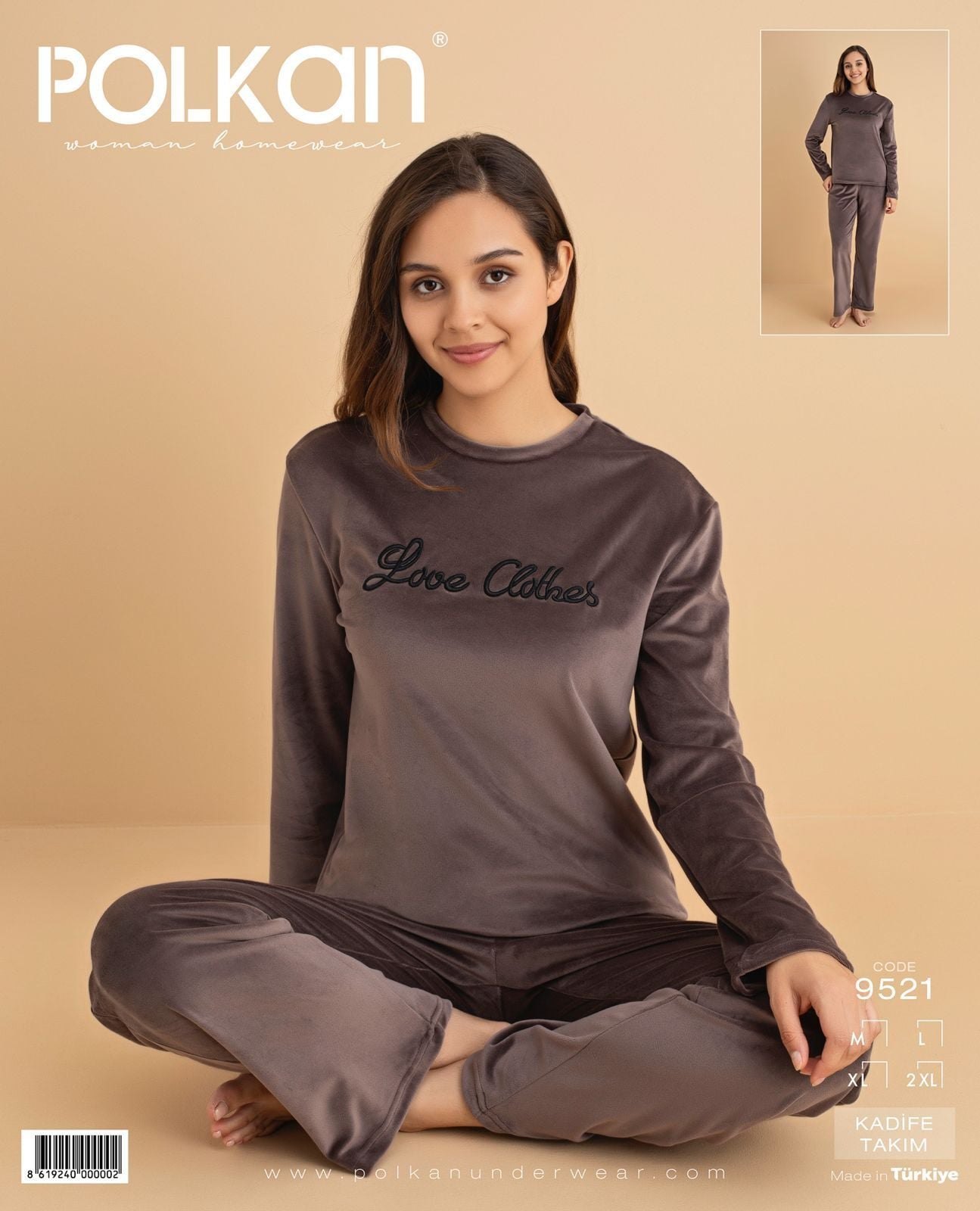 Polkan 9521 (M-L-XL-XXL) Kadife Uzun Kollu Bayan Pijama Takım
