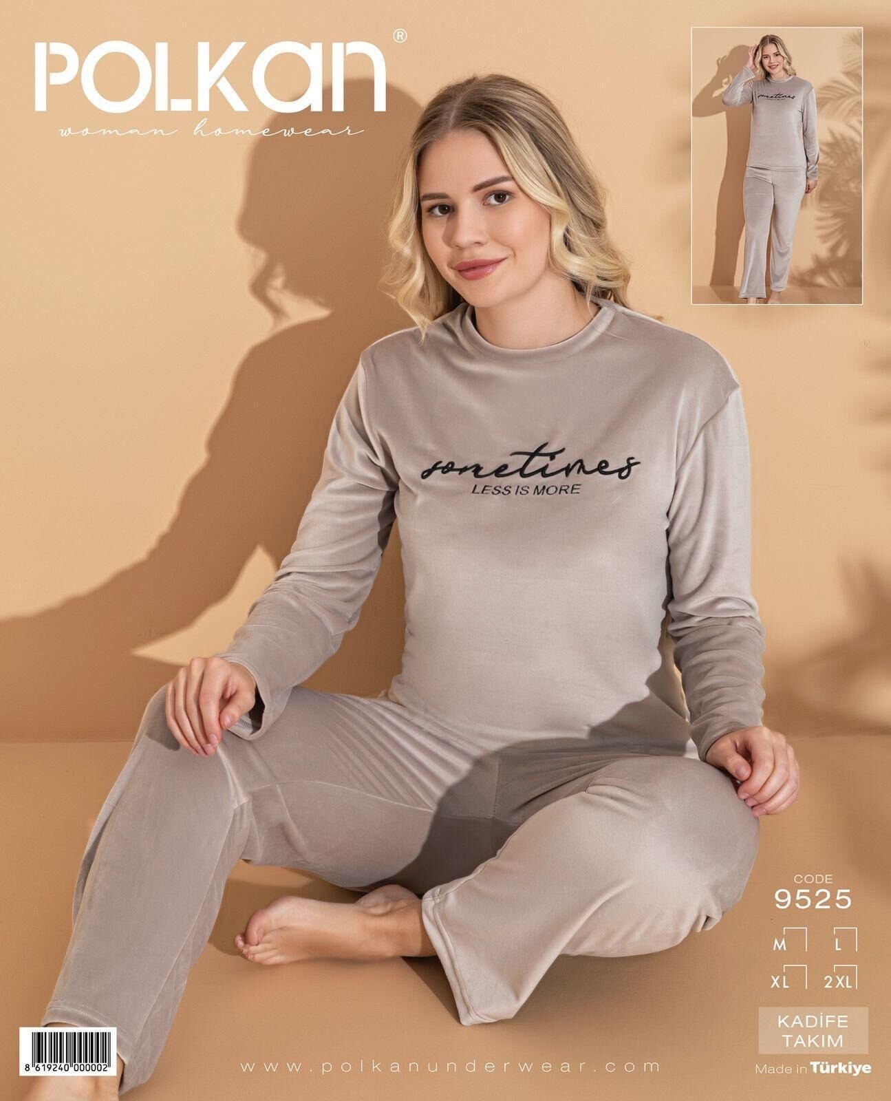 Polkan 9525 (M-L-XL-XXL) Kadife Uzun Kollu Bayan Pijama Takım