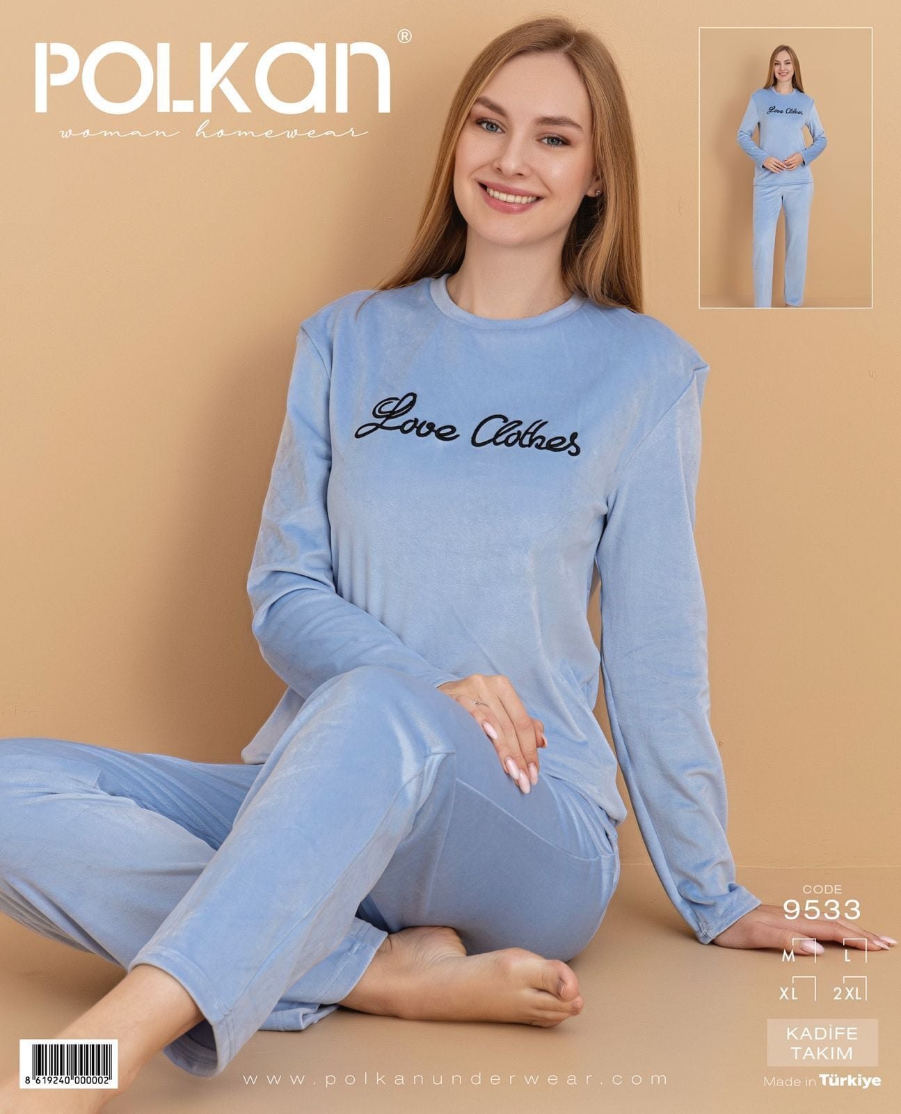 Polkan 9533 (M-L-XL-XXL) Kadife Uzun Kollu Bayan Pijama Takım