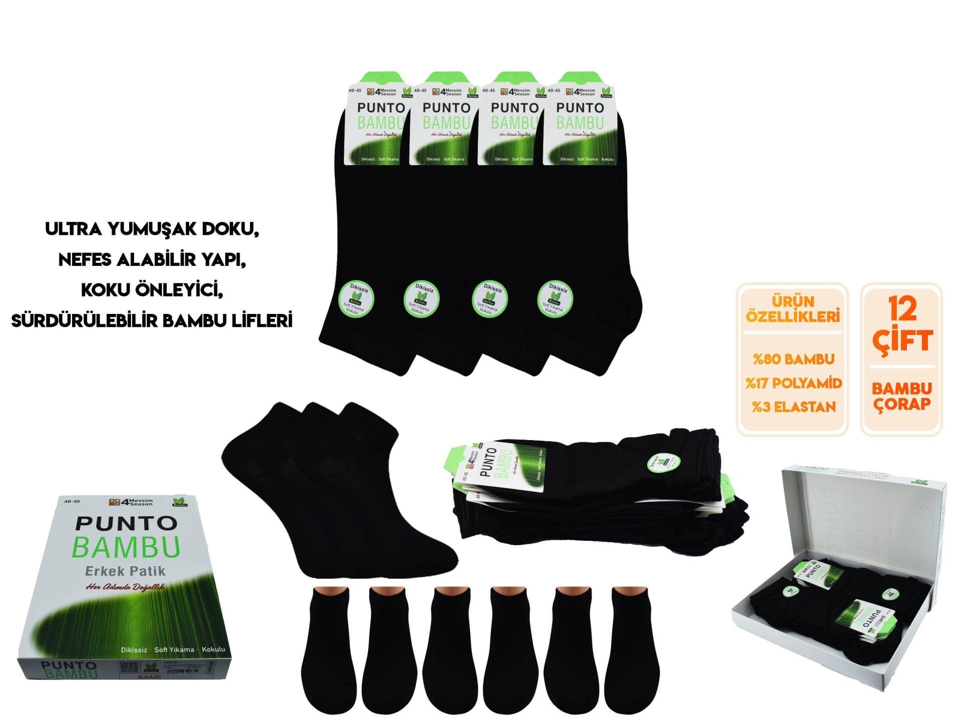 Punto 1750 Yıkamalı Dikişsiz Ter Emici Erkek Bambu Patik Çorap