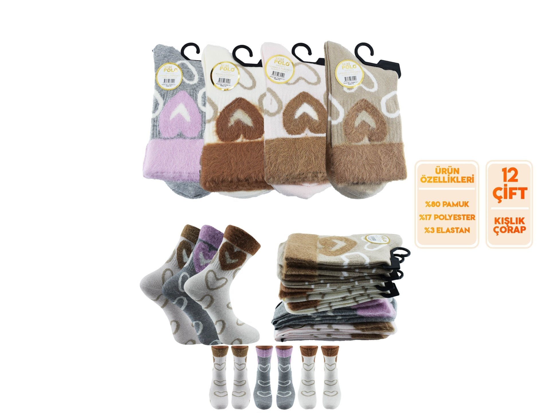 XGRİ POLO 40-3 Havlu Yumoş Peluş Yıkamalı Kışlık Bayan Soket Çorap