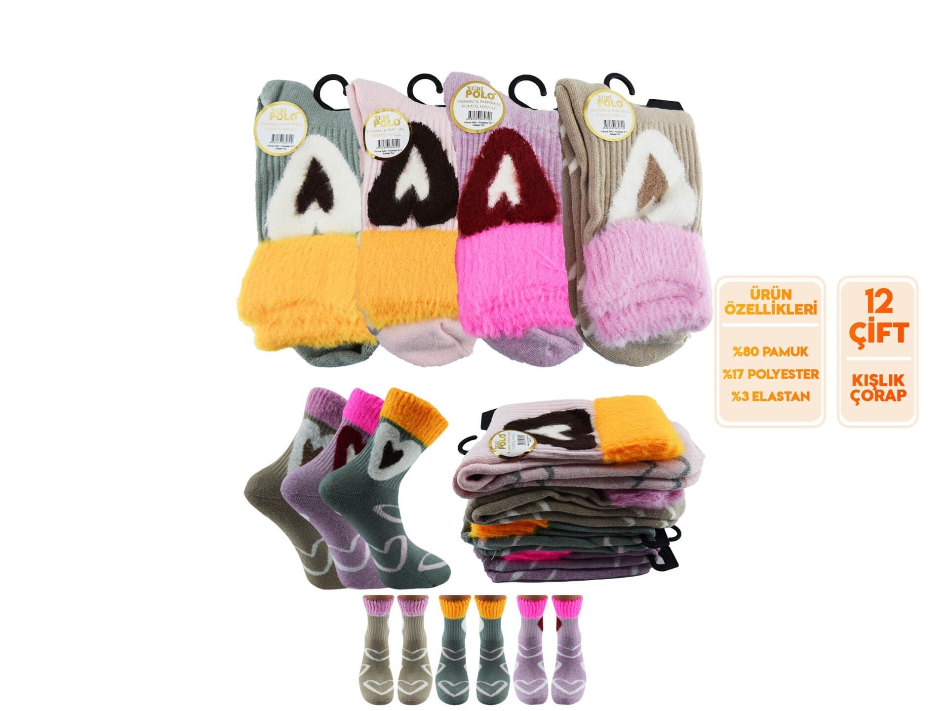 XGRİ POLO 55-2 Havlu Yumoş Peluş Yıkamalı Kışlık Bayan Soket Çorap