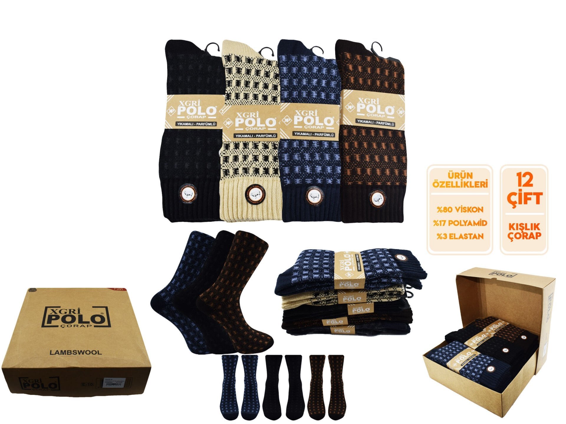 XGRİ POLO E-10 Yün Jakarlı Yıkamalı Erkek Soket Çorap