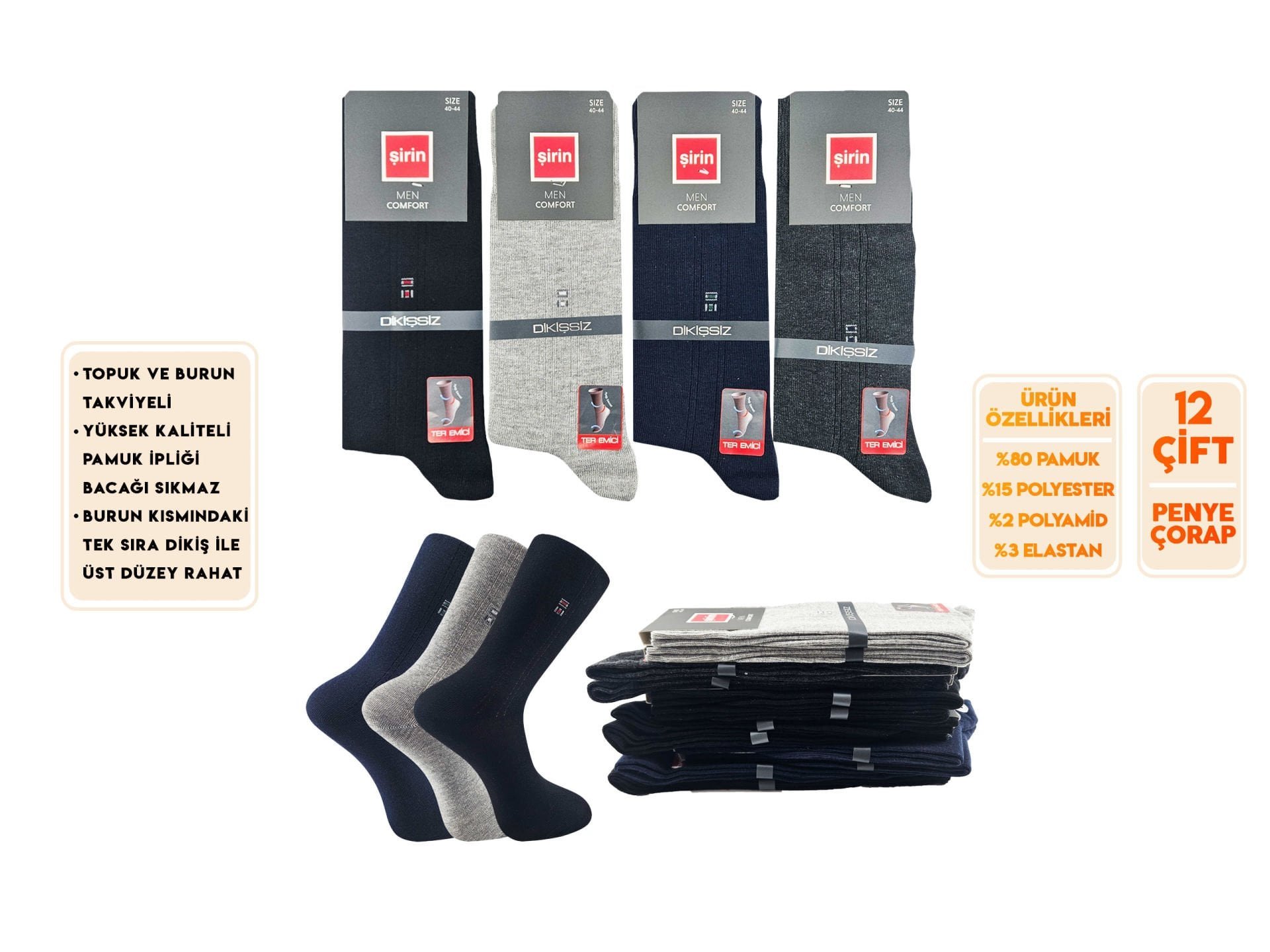 Şirin 7280-12 (40-44) Ter Emici Dikişsiz Erkek Soket Çorap